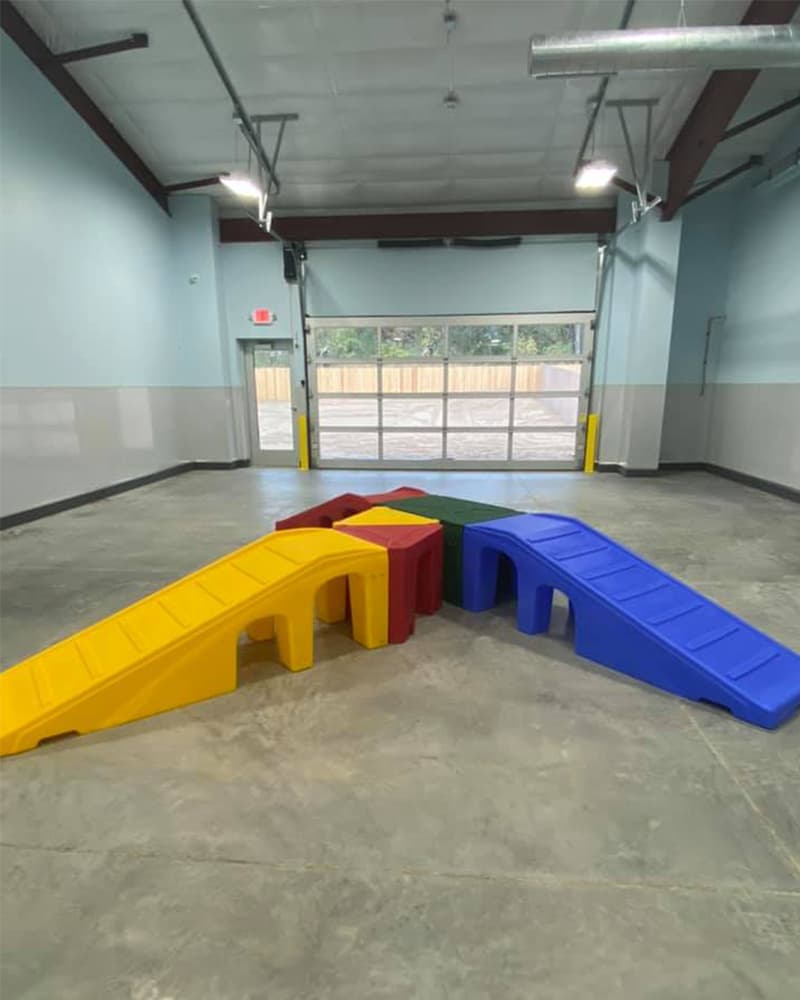 Indoor play room with puppy playground equipment and glass garage door open to outdoor yard