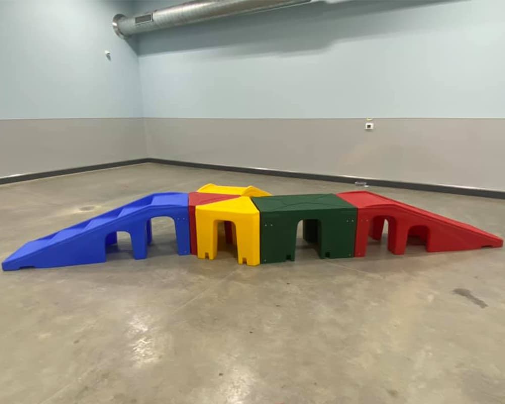 Colorful puppy playground equipment, ramps, tunnels, and climbing structures in a play room