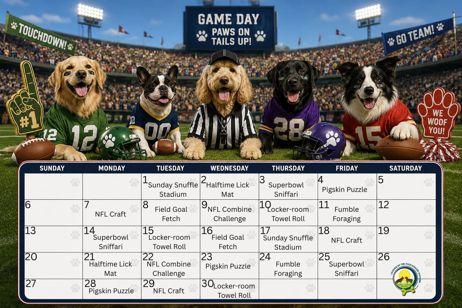This month's themed enrichment calendar, an NFL football theme with activities like Pigskin Puzzle and Fumble Foraging