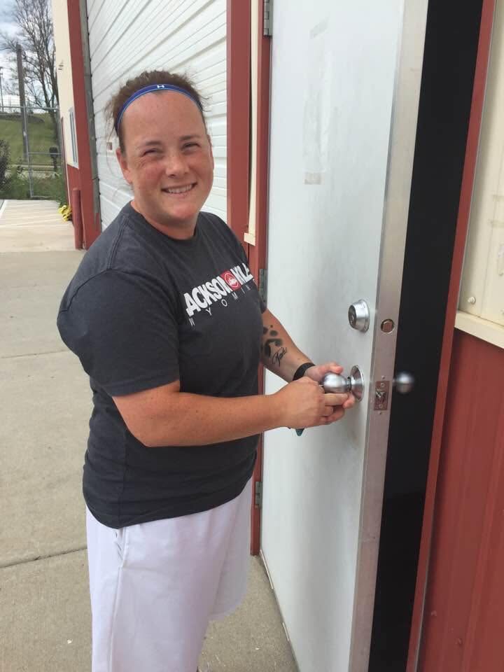 Mary opening the door of the first Leader of the Pack building for the very first time, July 2016